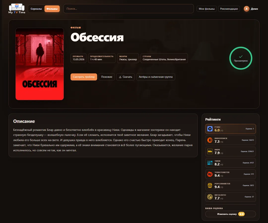 Реальный экран My TV Time со страницей фильма, актёрами, съёмочной группой и рейтингами